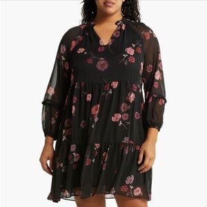 Floral Tiered Black Dress with Pink Blooms